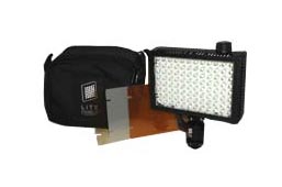 Litepanels Micro Pro LED camera light shown with filters and case