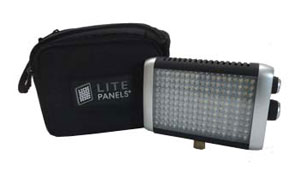 Litepanels Croma LED camera light shown with filters and case